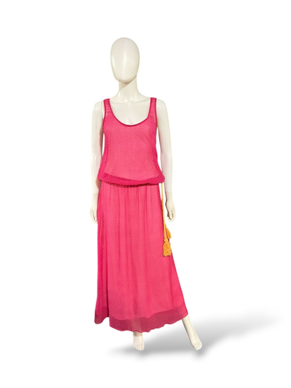 Corey Lynn Calter Fuchsia Chiffon Maxi Orange Polka-Dot Dress w Tassel Belt, 10